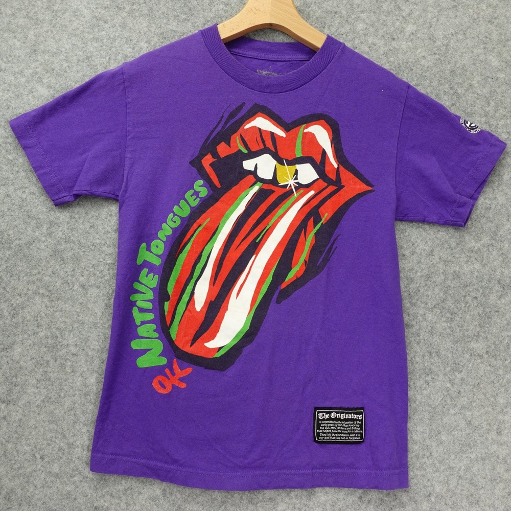 Vintage THE ORIGINATORS T Shirt S Purple Native Tongues Lips 90s Hip Hop Y2K USA